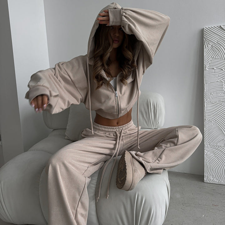Damen kurzes Kapuzenzipper-Lounge-Set mit oversized Ärmeln und weitem Jogginghose-Schnitt Drune