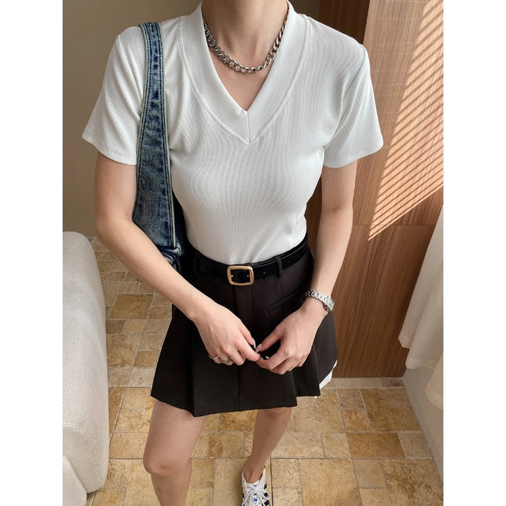 Damen figurbetontes V-Ausschnitt T-Shirt aus hochwertigem Rippstrick Drune