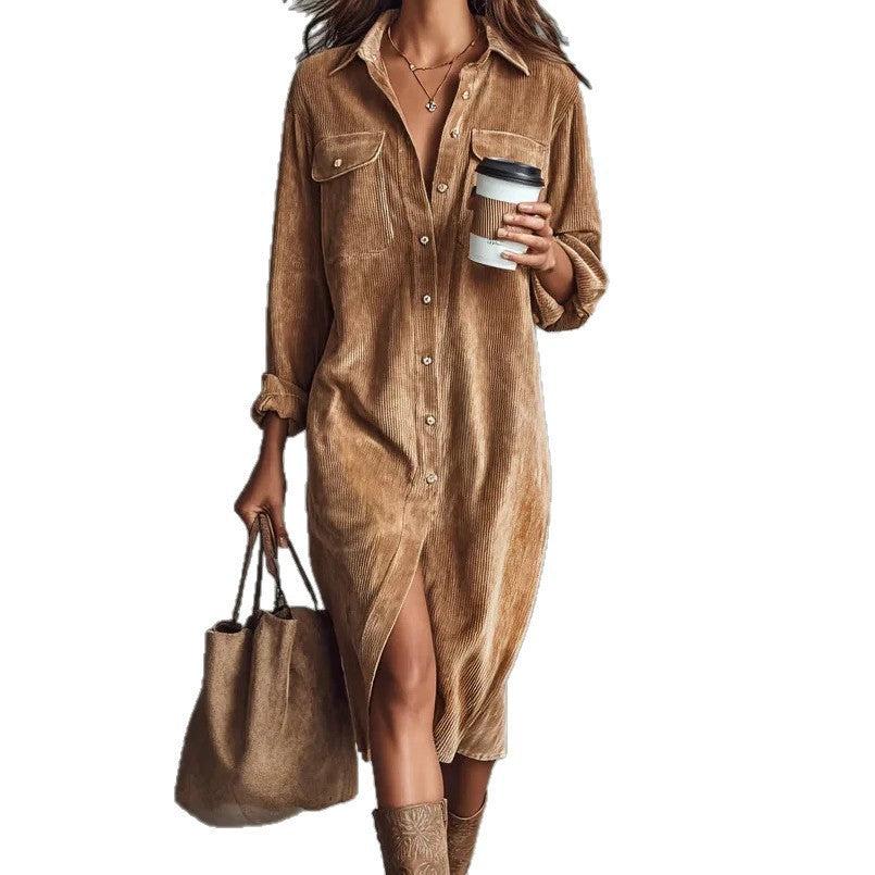 Damen Hemdblusenkleid aus Cord mit Brusttaschen, Knopfleiste und Schlitze Drune