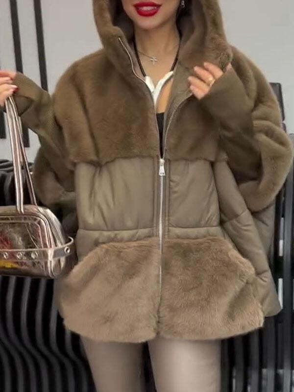 Damen Wattierter Oversize-Parka mit Kunstfellbesatz, Kapuze und Rippbündchen Drune