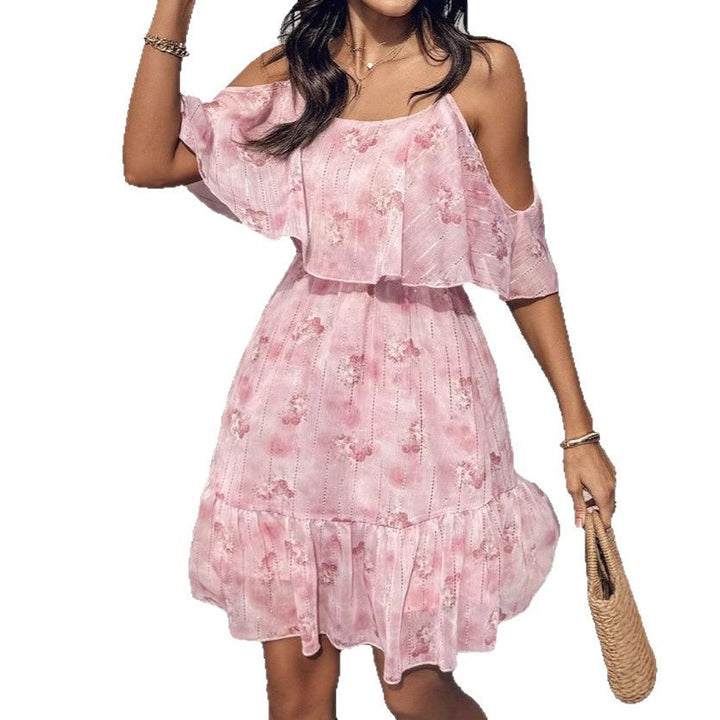 Damen fließendes Sommerkleid mit kaltem Schulterdesign und Rüschendetails Drune