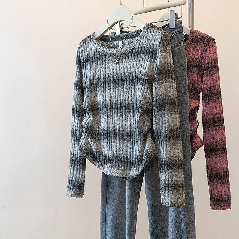 Damen Legeres Langarm-Shirt mit gestreiftem Rippmuster Drune