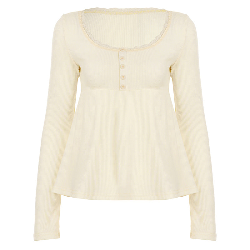 Damen nan geripptes Langarm-Top mit Empire-Taille, zierlicher Knopfleiste und Spitzenbesatz Drune