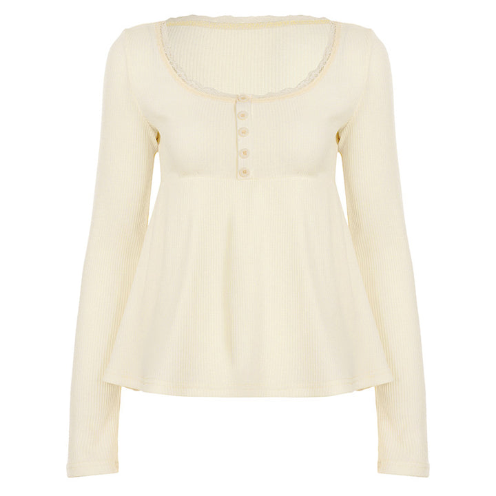 Damen nan geripptes Langarm-Top mit Empire-Taille, zierlicher Knopfleiste und Spitzenbesatz Drune