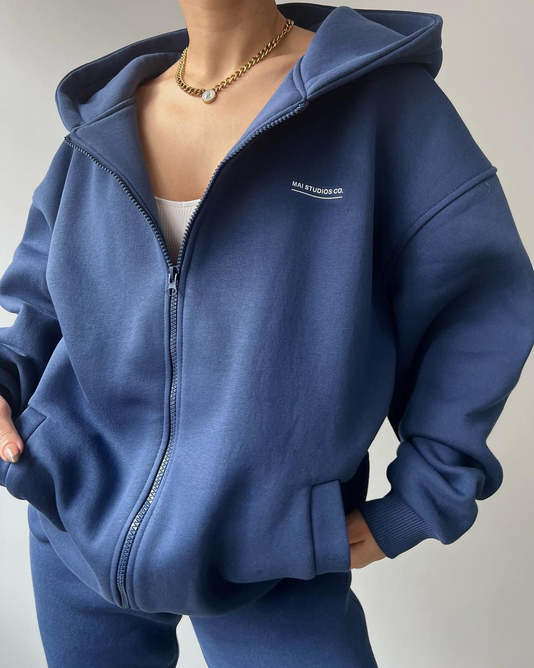 Damen lässiger und bequemer Kapuzenpullover mit Reißverschluss und Jogginghose-Set Drune