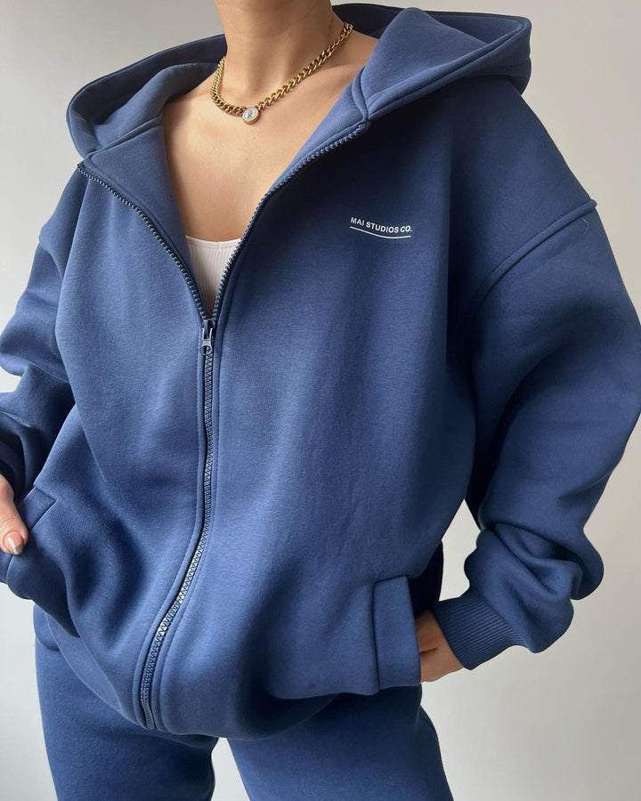 Damen lässiger und bequemer Kapuzenpullover mit Reißverschluss und Jogginghose-Set Drune