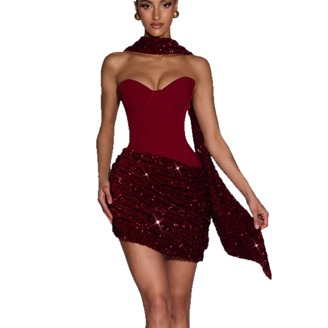 Damen Glamouröses Minikleid mit figurbetontem Bustier-Oberteil und eindrucksvollem Paillettenrock Drune