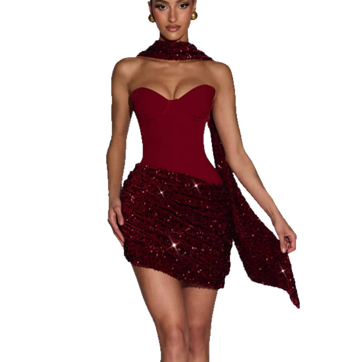 Damen Glamouröses Minikleid mit figurbetontem Bustier-Oberteil und eindrucksvollem Paillettenrock Drune