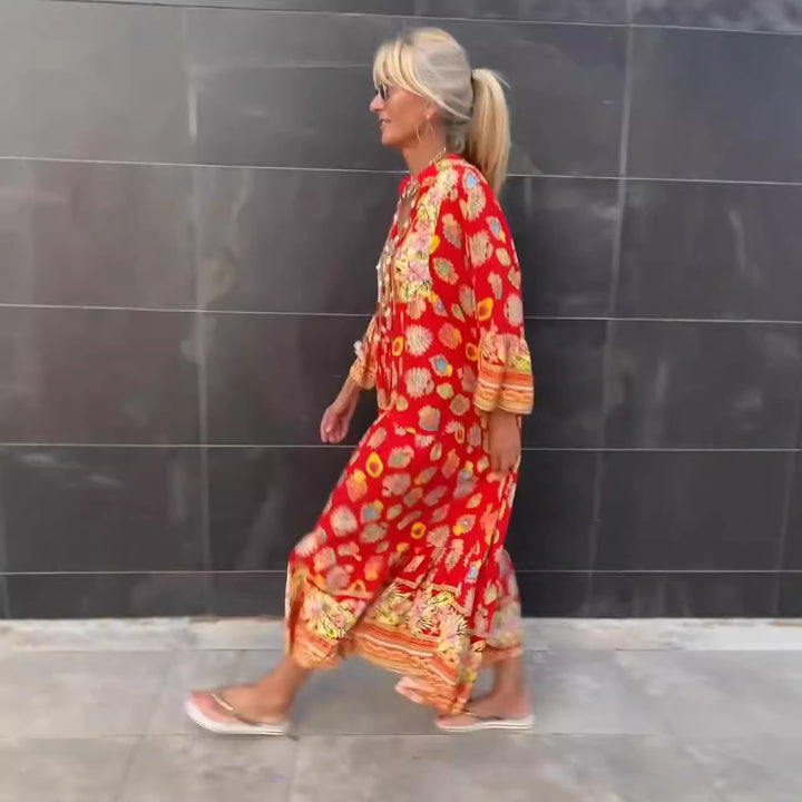 Damen nan luftiges Kaftan‑Midikleid mit folkloreinspiriertem Bordürenprint, V‑Ausschnitt, Quastenbändern und Volantglockenärmeln Drune