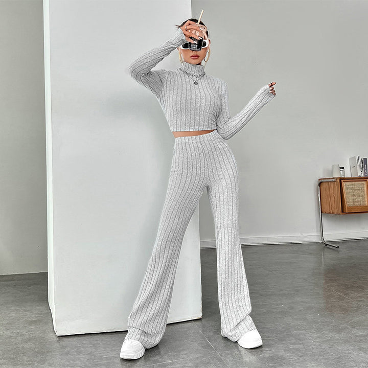 Damen geripptes Strick-Lounge-Set mit Rollkragen-Cropped und weiter Schlaghose Drune