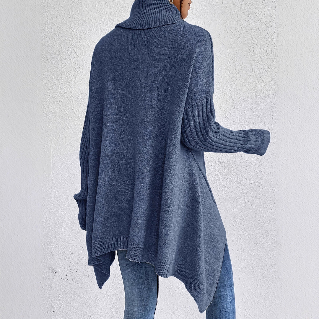 Damen nan Oversize Strickpullover mit hohem Rollkragen, gerippten Ärmeln und asymmetrischem Saum Drune