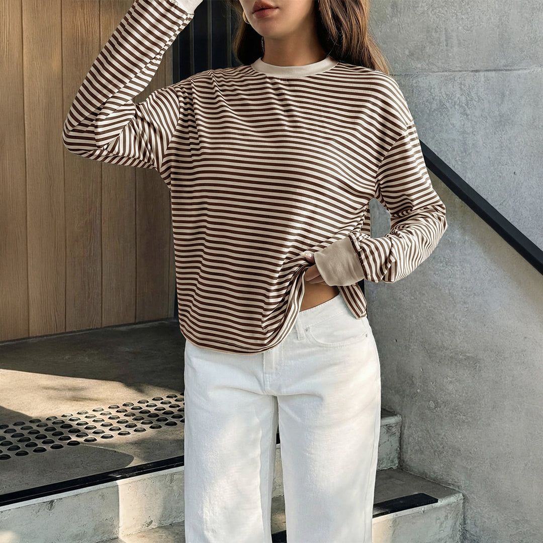Damen nan lässiges gestreiftes Oversize-Longsleeve mit kontrastierendem Rundhalsausschnitt und verlängertem Rückensaum Drune