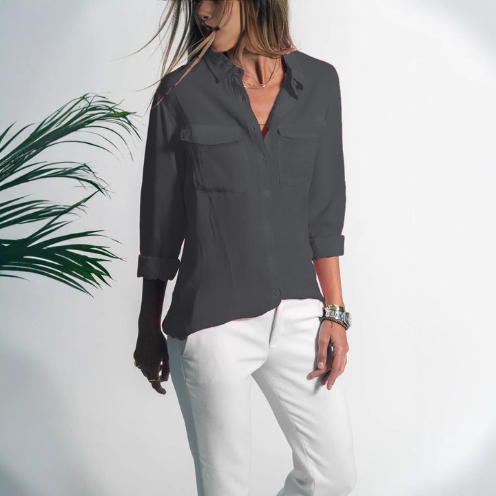 Damen Leichtes Hemd Bluse mit Brusttaschen und Lockerer Passform Drune