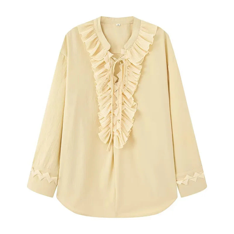 Damen nan Rüschenbluse mit Neck-Tie, plissierten Volants vorn und legerer Longline-Silhouette Drune