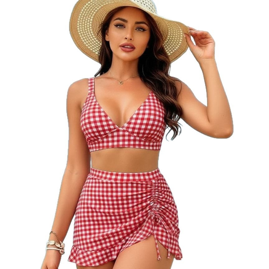 Damen Kariertes Bikini-Set mit verspieltem Rock Drune