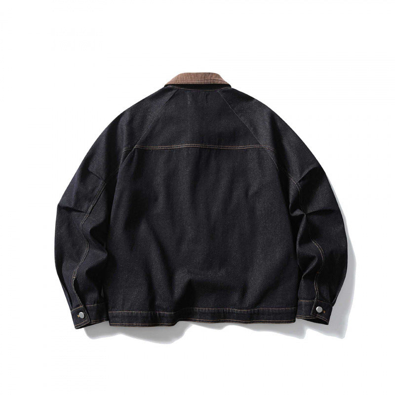 Unisex Boxy-Jeansjacke mit Cordkragen, kontrastierenden Ziernähten und Druckknopfleiste Drune
