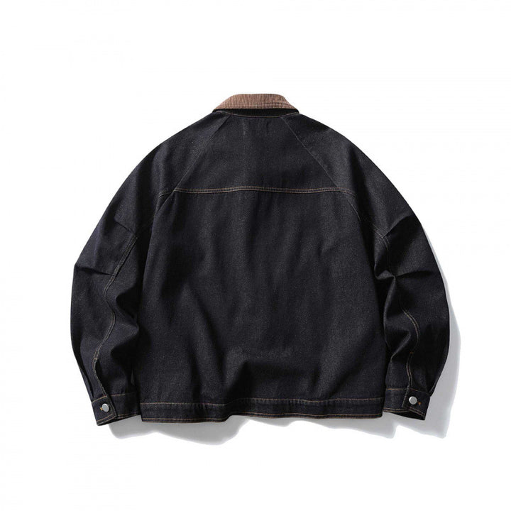 Unisex Boxy-Jeansjacke mit Cordkragen, kontrastierenden Ziernähten und Druckknopfleiste Drune