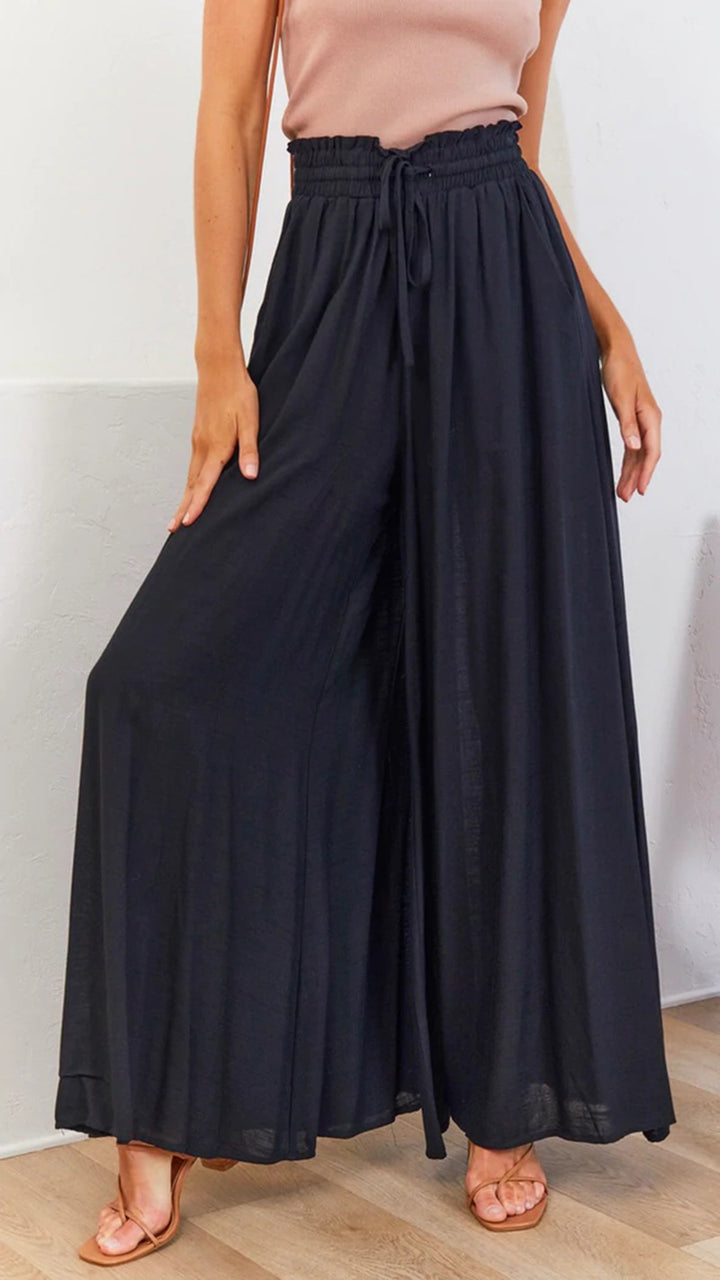 Frauen Hohe Taille Rüschen Elastischer Bund Weite Bein Strand Palazzo Hose mit Zugband und Seitentaschen Drune