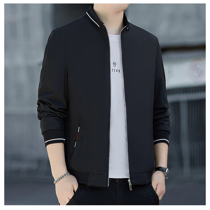 Herren Minimalistische Softshell-Bomberjacke mit Stehkragen und Kontraststreifen-Bündchen Drune