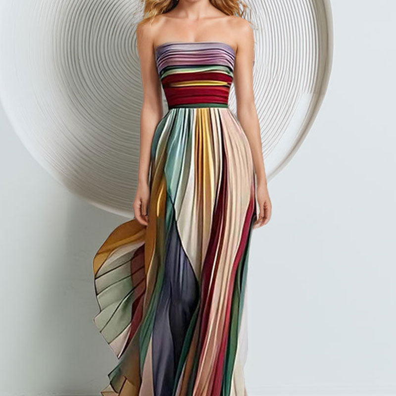 Damen Elegantes Maxikleid mit gerafftem Oberteil und farbenfrohem Streifenmuster Drune