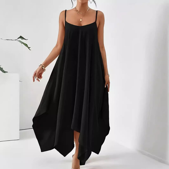 Damen luftiges Maxikleid mit asymmetrischem Saum und feinen Spaghettiträgern Drune