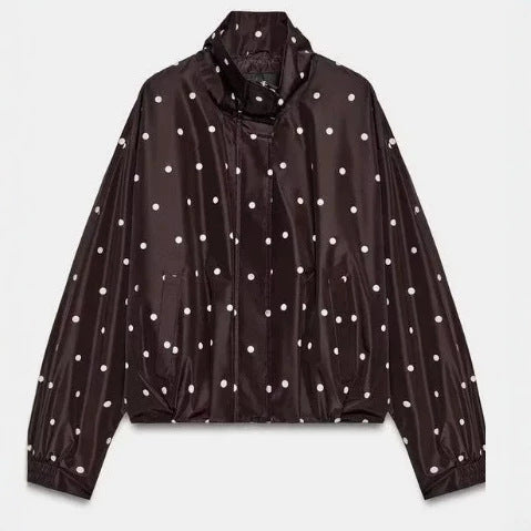 Damen Gepunktete Cropped Blousonjacke mit Stehkragen, elastischem Saum und verdeckter Knopfleiste Drune