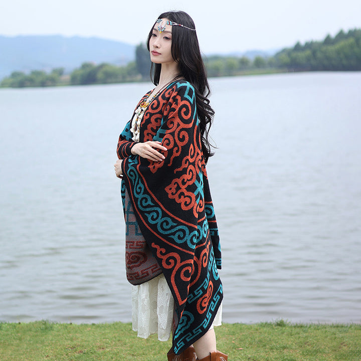 Damen Oversize-Jacquard-Umhang mit ethno-inspiriertem Ornamentmuster Drune