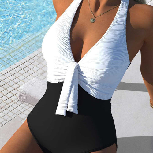 Damen Einteiler Badeanzug mit raffiniertem Wickeldetail und hohem Bund Drune