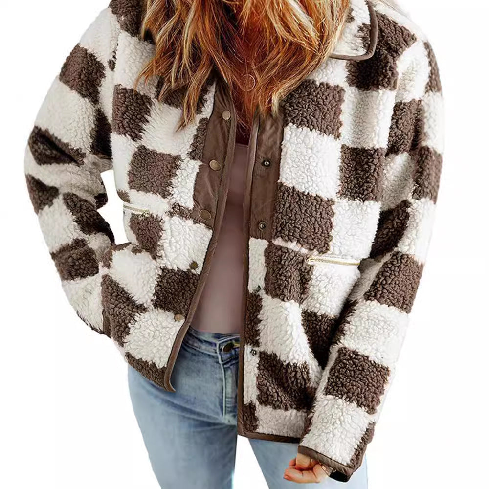 Damen flauschige Karojacke mit praktischen Taschen und Knopfverschluss Drune