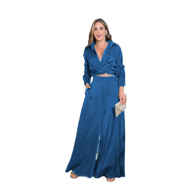 Damen raffinierter und eleganter Zweiteiler mit cropped Bluse und weit geschnittenen Hosen Drune