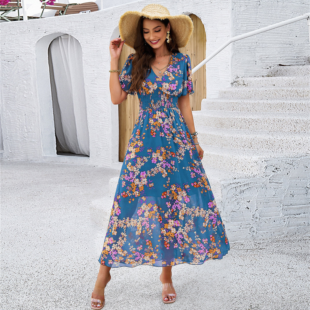 Damen Maxikleid mit schwingendem Rock und romantischem Blumenmuster Drune