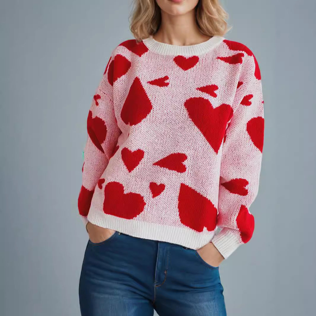 Damen gemütlicher Pullover mit verspieltem Herzmotiv Drune
