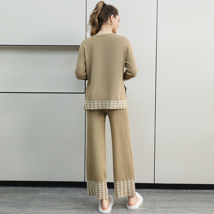 Damen stilvolles Strick-Loungewear-Set mit dekorativen Kontrastabschlüssen Drune