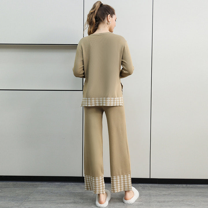 Damen stilvolles Strick-Loungewear-Set mit dekorativen Kontrastabschlüssen Drune