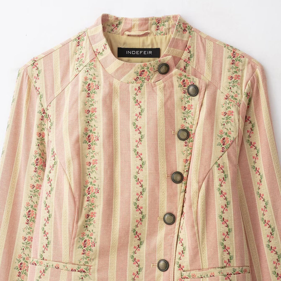 Damen Kurzjacke mit Stehkragen und Vintage-Blumenmuster Drune