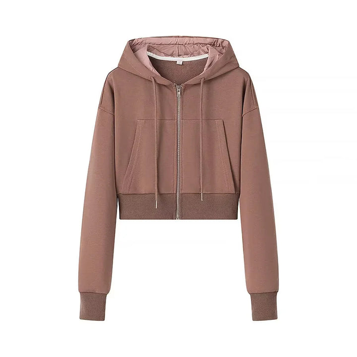 Damen nan cropped Kapuzenjacke mit durchgehendem Reißverschluss wattierter Kapuze und Kängurutaschen Drune