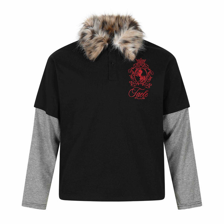 Damen Layered-Optik Langarm-Polo mit Kunstfellkragen und Wappenstickerei Drune