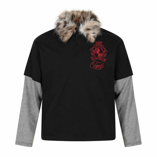 Damen Layered-Optik Langarm-Polo mit Kunstfellkragen und Wappenstickerei Drune