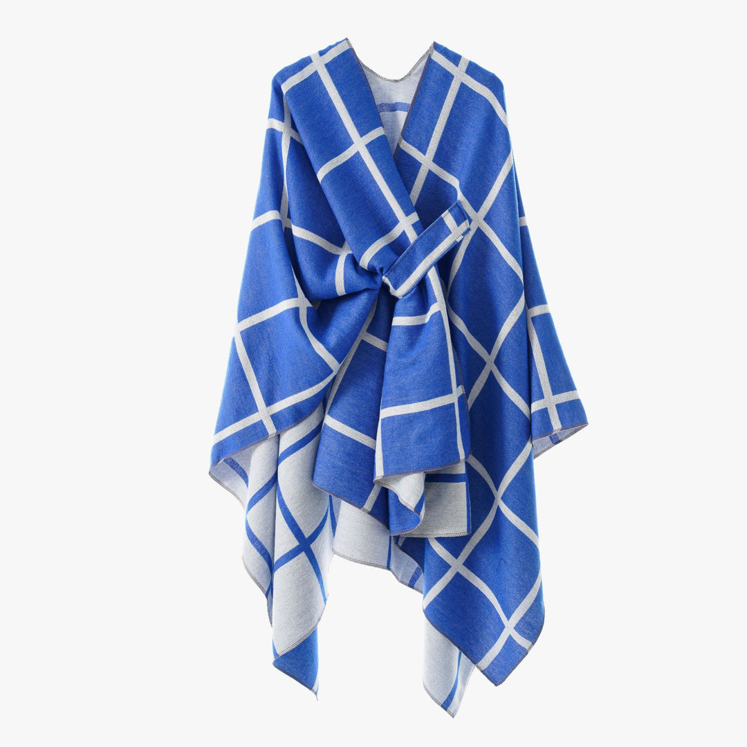 Damen Oversize Wollmix Poncho mit Gürtel und Karomuster Drune
