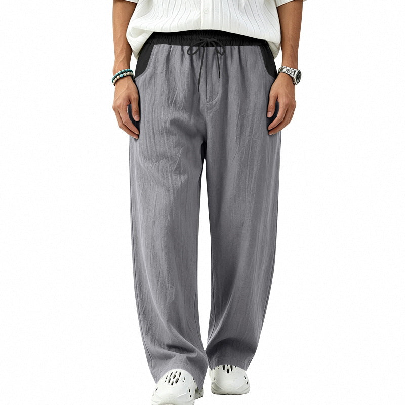Herren Locker sitzende Leinen-Mischstoff Freizeithose mit Elastischem Tunnelzug und Seitentaschen Drune