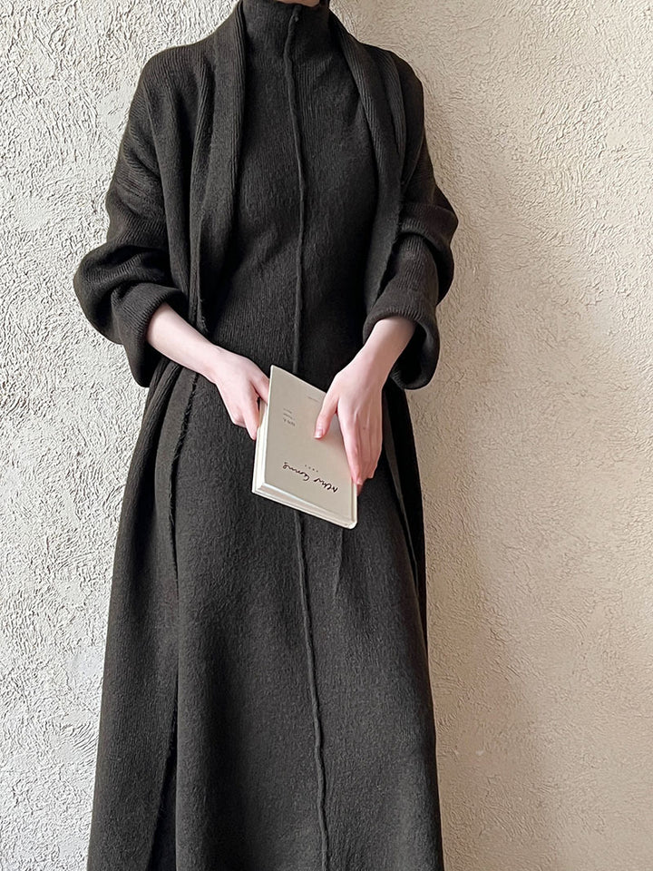 Damen Maxikleid mit hohem Kragen und überschnittenen Ärmeln Drune