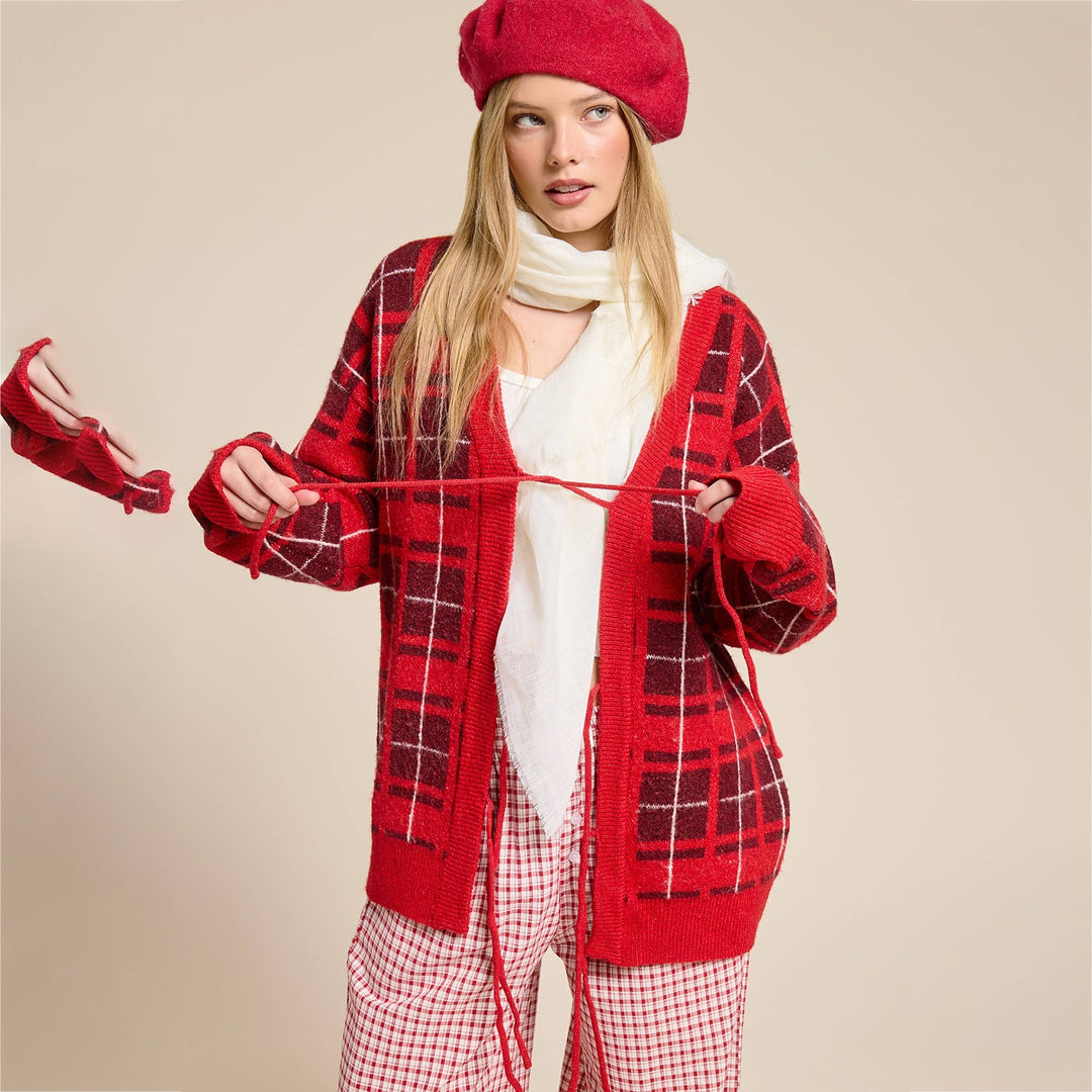 Damen Oversize Karierter Strickcardigan mit Bindegürtel & aufgesetzten Taschen Drune