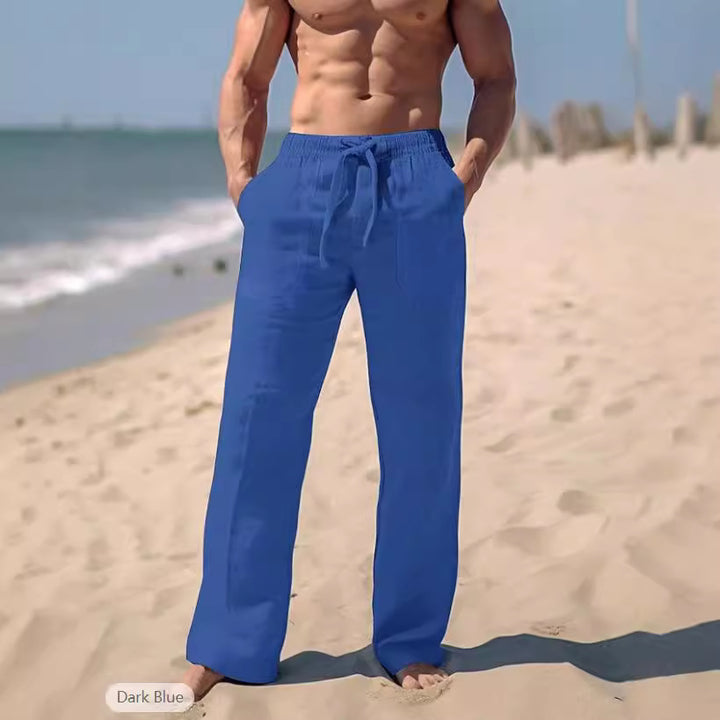 Herren gerade geschnittene Leinen-Loungehose mit Kordelzug, tiefen Eingrifftaschen und atmungsaktiver Struktur Drune