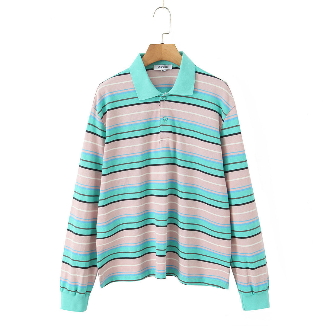 Damen Gestreiftes Poloshirt‑Sweatshirt aus Baumwollmix mit Kontrastkragen und gerippten Bündchen Drune
