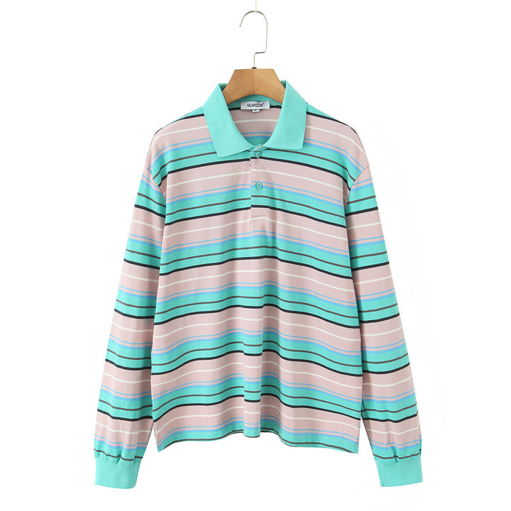 Damen Gestreiftes Poloshirt‑Sweatshirt aus Baumwollmix mit Kontrastkragen und gerippten Bündchen Drune
