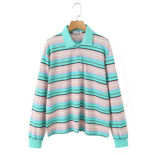 Damen Gestreiftes Poloshirt‑Sweatshirt aus Baumwollmix mit Kontrastkragen und gerippten Bündchen Drune