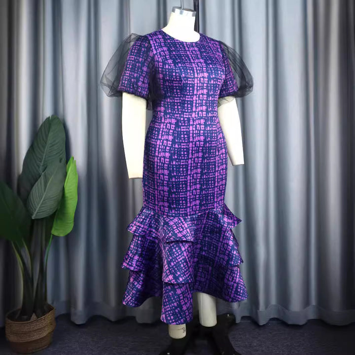 Damen Elegantes Kleid mit voluminösen Tüllärmeln und asymmetrischem Rüschenrock Drune