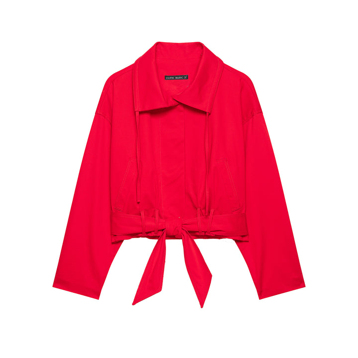 Damen Cropped Übergangsjacke mit Tunnelzugtaillierung, weitem Hemdkragen und Bindegürtel Drune