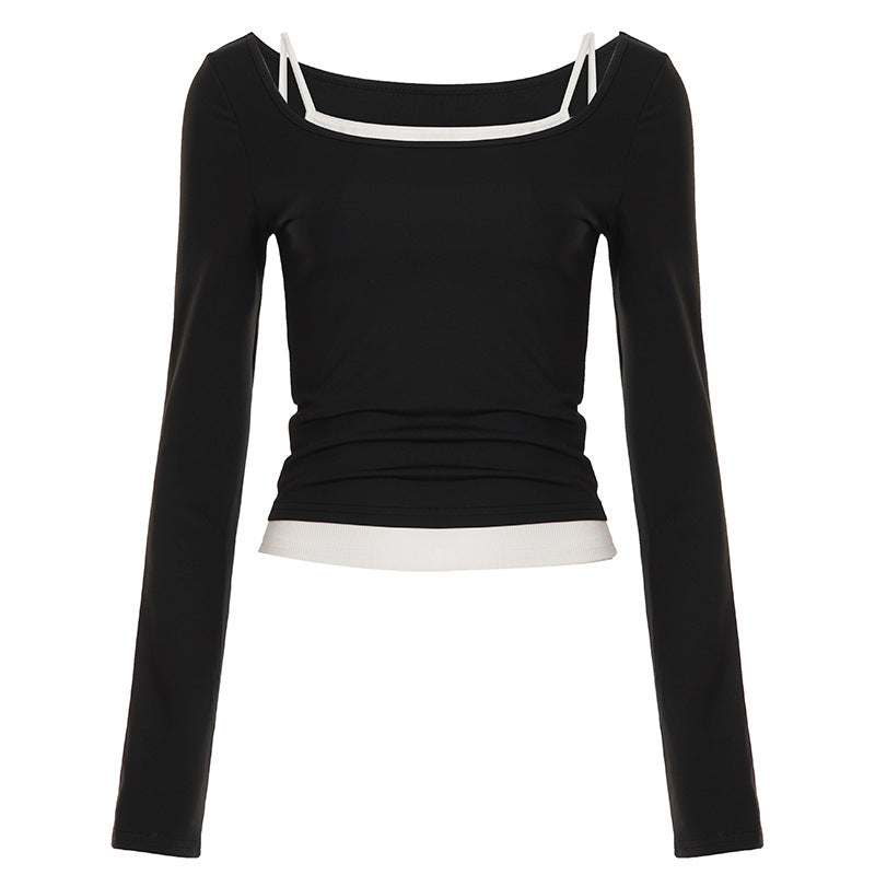 Damen nan tailliertes Longsleeve-Cropped-Top mit eckigem Ausschnitt und doppelten Spaghettiträgern Drune