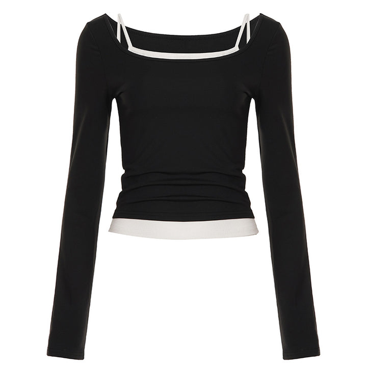 Damen nan tailliertes Longsleeve-Cropped-Top mit eckigem Ausschnitt und doppelten Spaghettiträgern Drune